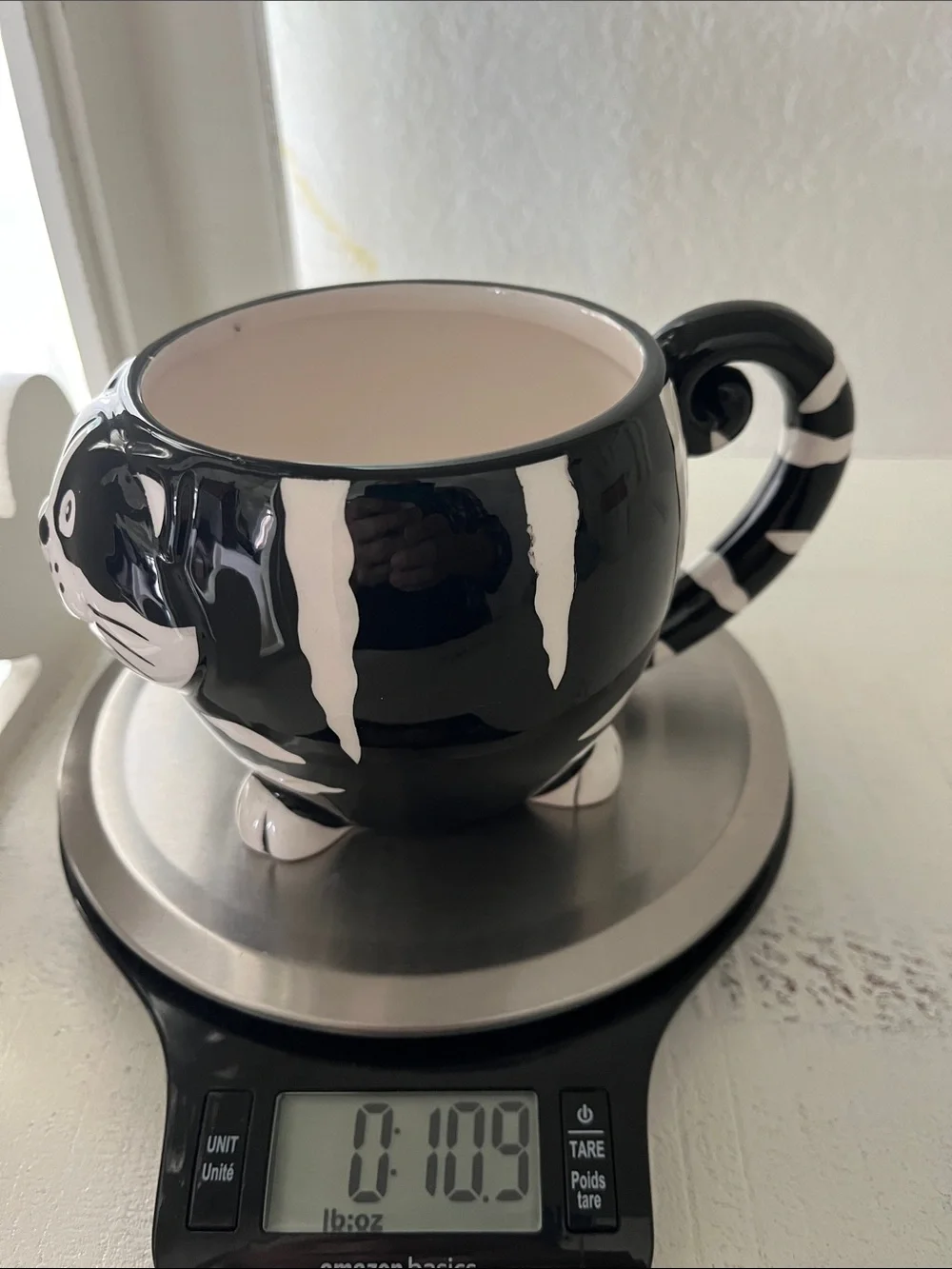 Pier 1 Imports Chubby Cat 3D Mug Black White Hand Painted Dolomite Tail Handle